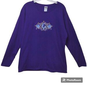 Gildan Heavy Cotton LS Purple Jewel Neck  Embroidered Nativity Tee